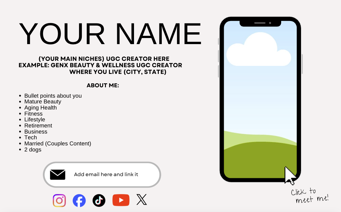 Portfolio cover page — Your Name, niches list, About Me bullets, social icons, Meet Me phone preview.