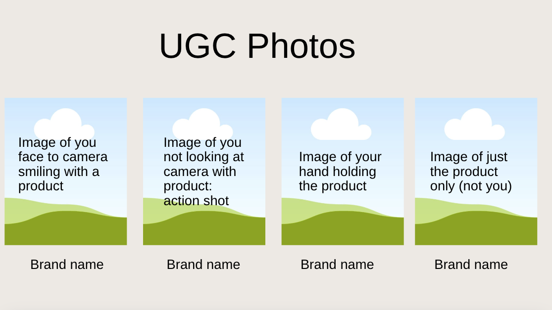 UGC Photos slide — four photo placeholders showing face-to-camera, action shot, hand-holding, and product-only compositions.