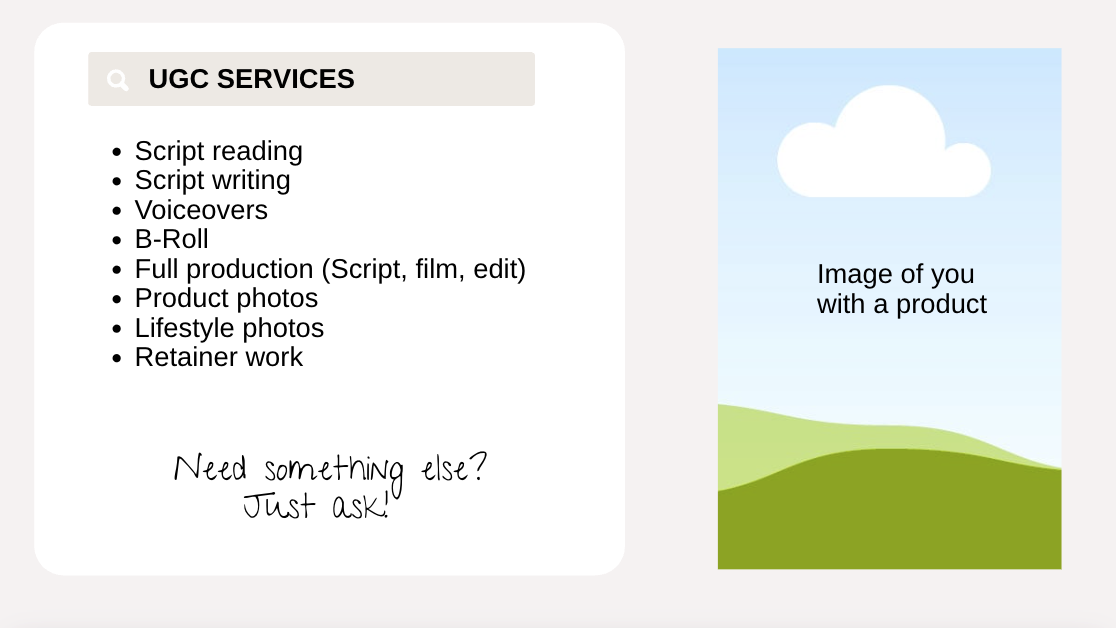 UGC Services list — script reading, script writing, voiceovers, b-roll, full production, product photos, lifestyle photos, retainer work.