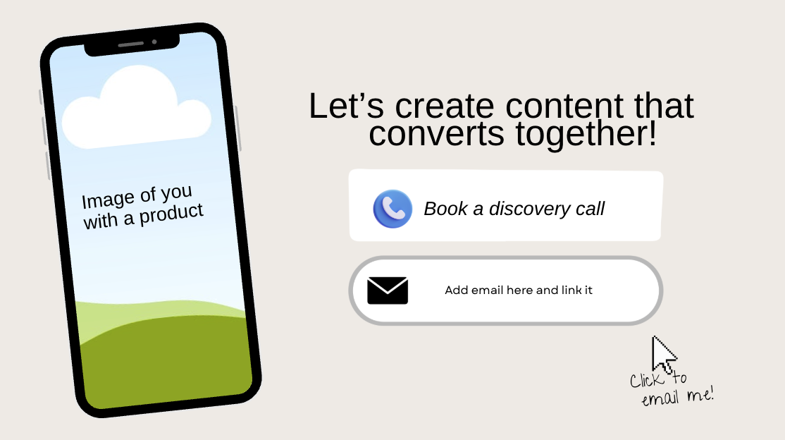Closing page — Let's create content that converts together, book a discovery call and email contact buttons.