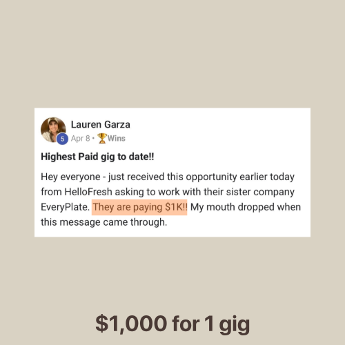 Lauren Garza — $1,000 for one gig with EveryPlate / HelloFresh