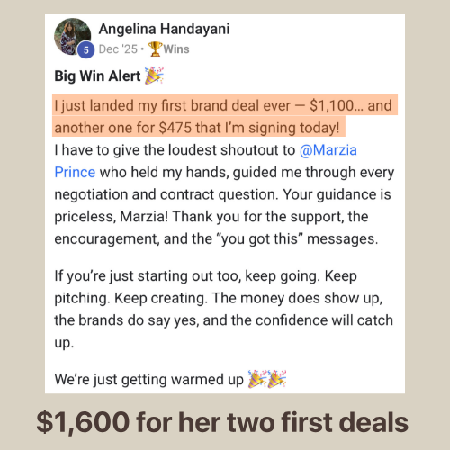 Angelina Handayani — $1,600 across her two first brand deals