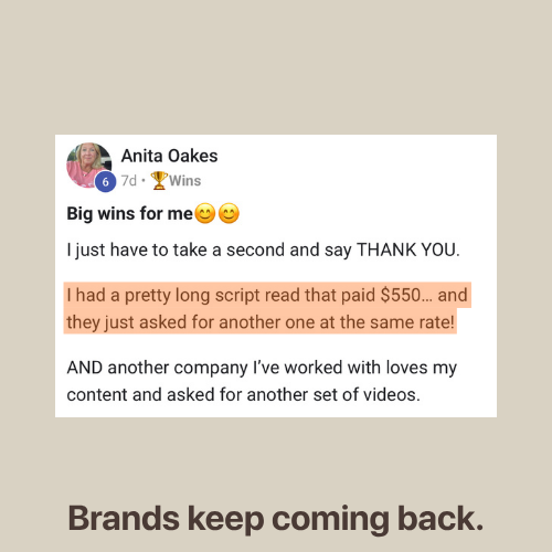 Anita Oakes — brands keep coming back, $550 script reads
